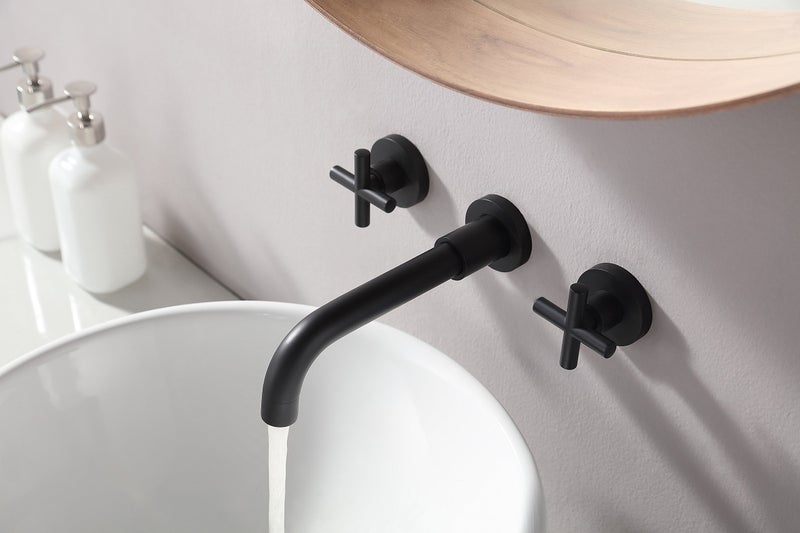 SITGES Matte Black Bathroom Faucet, Double Handle Wall Mount Bathroom Sink Faucet and Rough in Valve Included (Matte Black) - Image 3